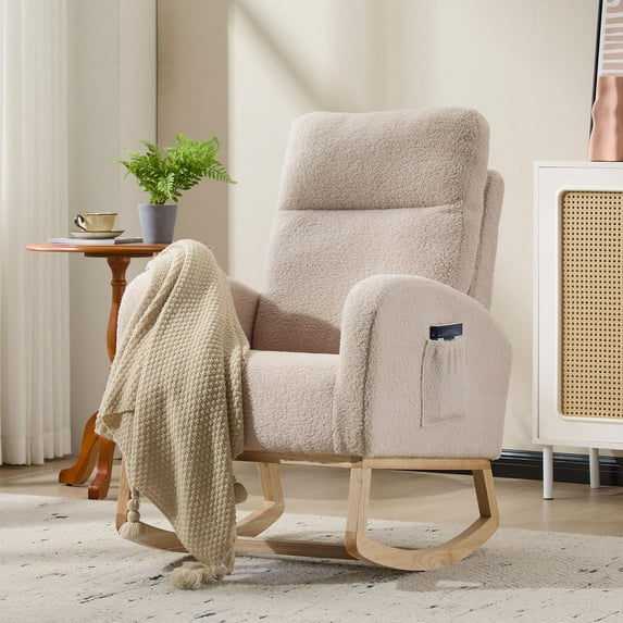 S-HOME Modern Upholstered Rocking Chair with Solid Wood Legs, High Backrest & Side Pocket - 300 lbs Capacity