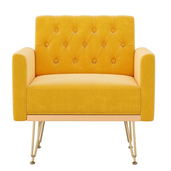 S-HOME Modern Velvet Armchair Single Sofa in Gold Legs and Tufted Design for Living Room or Bedroom, orange-yellow