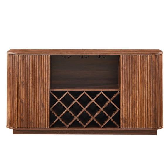 S-HOME Modern Wavy Curve Sideboard -Glassware Holder Coffee Bar And Wine Cabinet Storage Design With Adjustable Shelves For Kitchen Or Dining Rooms, Walnut