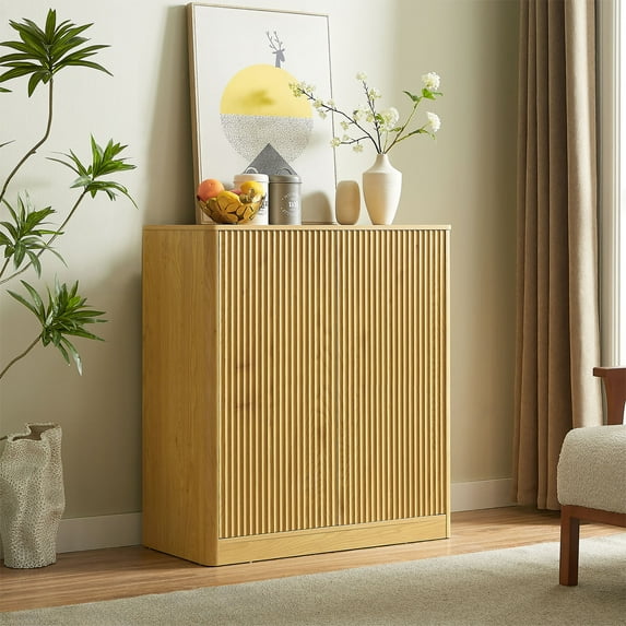 S-HOME Modern Wavy Sideboard Storage Cabinet in Walnut Finish, 31.5 Inch Kitchen or Living Room Curved Design Furniture,Natural