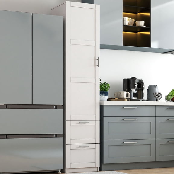 S-HOME Modern White Freestanding Pantry Cabinet with One Door and Two Drawers for Kitchen and Dining Room Storage