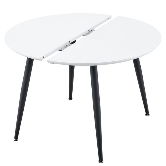 S-HOME Modern White MDF Round Dining Table with Extendable Design and Black Metal Legs for Family Gatherings