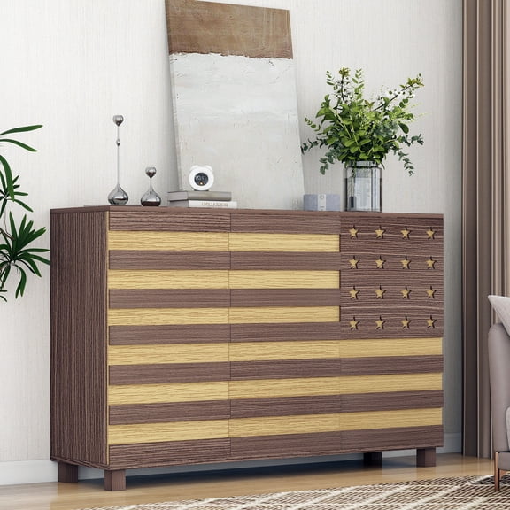 S-HOME Multi-Functional 55 Inch Coffee Bar Console with Antique Finish, 2 Drawers, 3 Doors for Kitchen Organization, Brown+Yellow