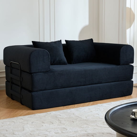S-HOME Multi-Functional 59 Inch Convertible Sleeper Sofa Bed With Cylindrical Pillow Corduroy Folding Mattress Fixed Frame For Living Room, Black