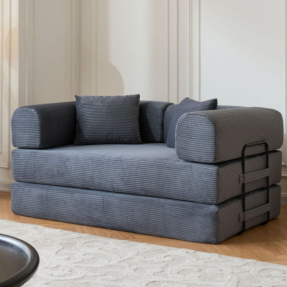 S-HOME Multi-Functional 59 Inch Convertible Sleeper Sofa Bed With Cylindrical Pillow Corduroy Folding Mattress Fixed Frame For Living Room, Gray