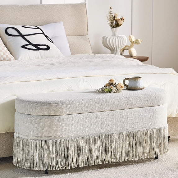 S-HOME Multi-Functional Oval Storage Upholstered Ottoman with Lift-Top Lid and Metal Legs 39 Inches for Extra Seating and Clutter-Free Organization, Beige