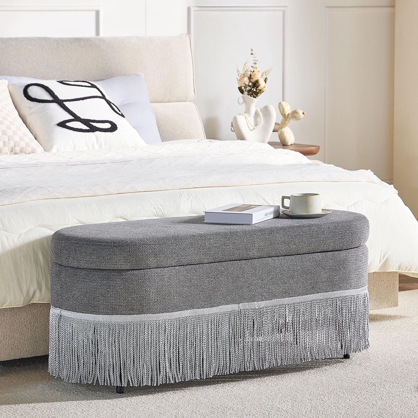 S-HOME Multi-Functional Oval Storage  Upholstered Ottoman with Lift-Top Lid and Metal Legs 39 Inches for Extra Seating and Clutter-Free Organization, Grey
