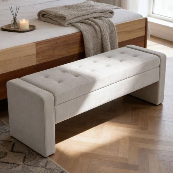 S-HOME Multi-Functional Upholstered White Storage Bench with Tufted Seat, 50 Inch with Safety Hinge Fabric Ottoman for Entryway or Bedroom