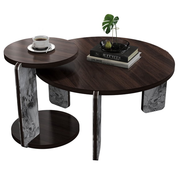 S-HOME Multi-Purpose Round Coffee Table and End Table Set with Sintered Stone Legs 32.68" & 16.93" Diameter for Home for Living Room, Walnut