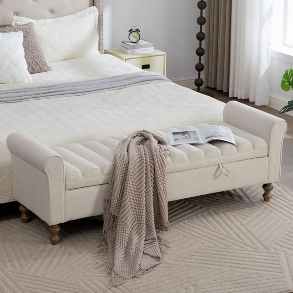 S-HOME Multi-Scenario Modern Upholstered Storage Bench In Napped Fabric With Rolled Armrest And Rubberwood Legs For Living Room Entryway, Beige