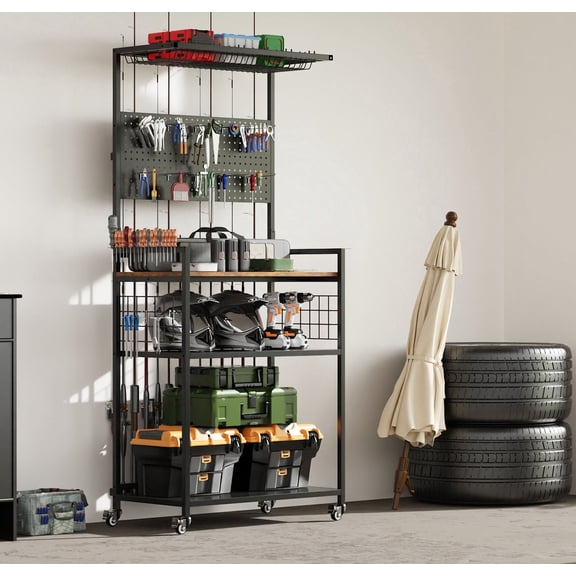S-HOME Multi-Tier Rolling Fishing Gear Stand Tackle Organizer Cart with Pegboard Design for Rods, Reels, and Bags
