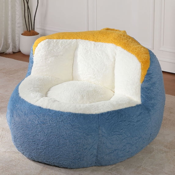 S-HOME Multicolor Faux Fur Bean Bag Sofa Filled with Shredded Foam Large Ergonomic Lounger Easy to Move for Living Room Use, Blue+White+Yellow