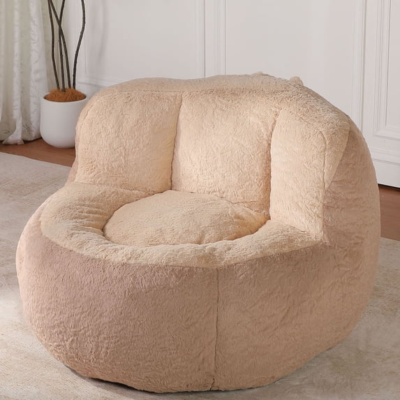 S-HOME Multicolor Faux Fur Bean Bag Sofa Filled with Shredded Foam Large Ergonomic Lounger Easy to Move for Living Room Use, Brown+Camel