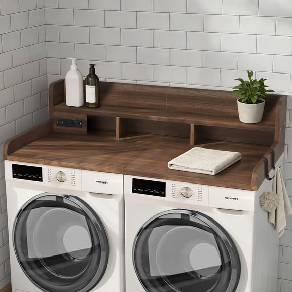 S-HOME Multifunctional 2-Tier Walnut Laundry Countertop with Power Outlet, 54" W x 27.5" D for Smart Storage and Clutter-Free Days