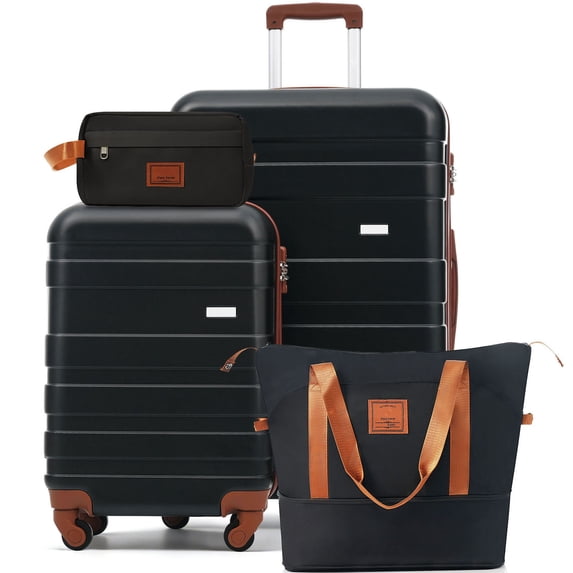 S-HOME Multifunctional 4-Piece Luggage Set ABS Material Includes 20in Carry-On and 28in Suitcase TSA Lock Spinner Wheels, Duffel Bag,Toiletry Bag, Black