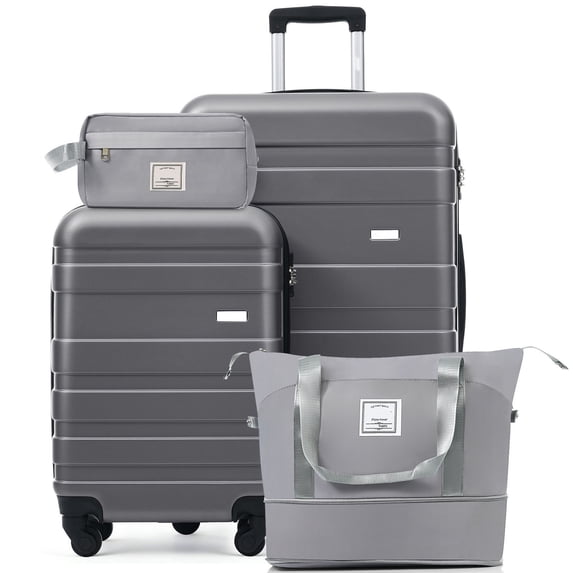 S-HOME Multifunctional 4-Piece Luggage Set ABS Material Includes 20in Carry-On and 28in Suitcase TSA Lock Spinner Wheels, Duffel Bag,Toiletry Bag, Grey