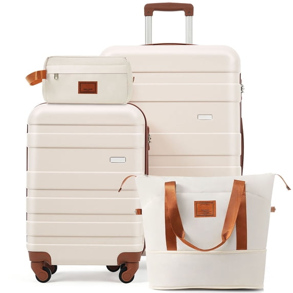 S-HOME Multifunctional 4-Piece Luggage Set ABS Material Includes 20in Carry-On and 28in Suitcase TSA Lock Spinner Wheels, Duffel Bag,Toiletry Bag, Ivory
