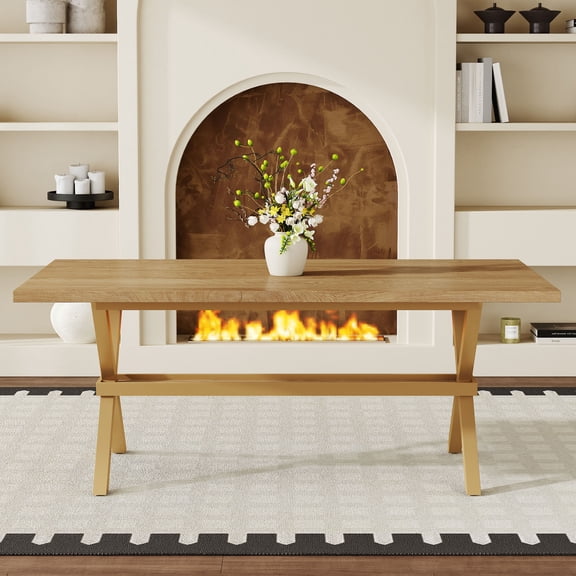 S-HOME Multifunctional Modern Industrial Dining Table With X-Shaped Metal Frame 71 By 35.4 Inch MDF Top Accommodates 6 To 8 People For Home Use, Wood