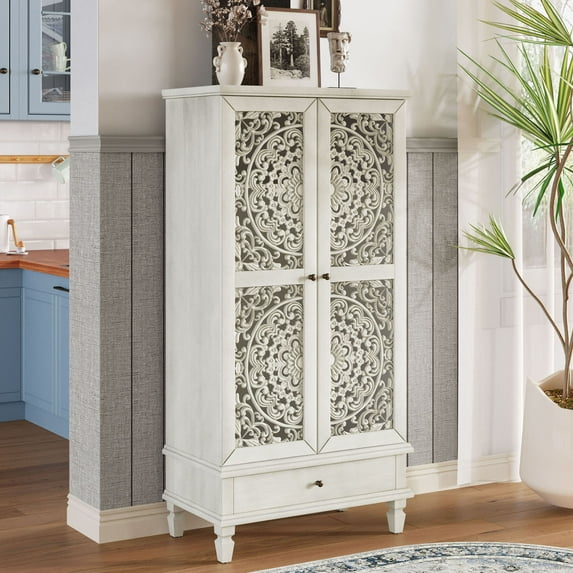 S-HOME Multifunctional Tall Storage Cabinet with Drawer in Antique Finish, 55 Inch Solid Wood Accent Cabinet for Living Room and Dining Room Organization, White Washed