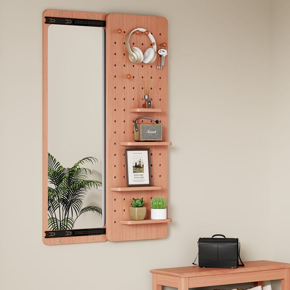 S-HOME Multifunctional Wall Mounted Full Length Mirror in Cherry, Space-Saving Design with Shelf and Hook for Entryway