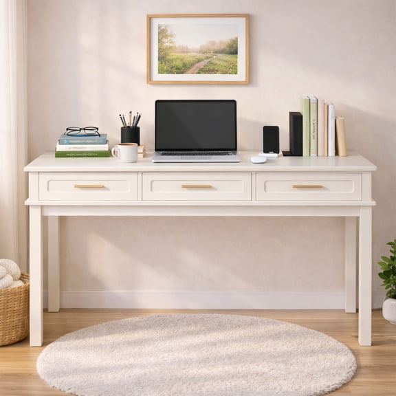 S-HOME Multipurpose Cream White Vanity Desk with 3 Drawers, Makeup Table for Bedroom and Office Use