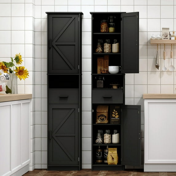 S-HOME Multipurpose Floor Storage Cabinet with Adjustable Shelves and 2 Barn Doors Ideal for Small Areas, Black