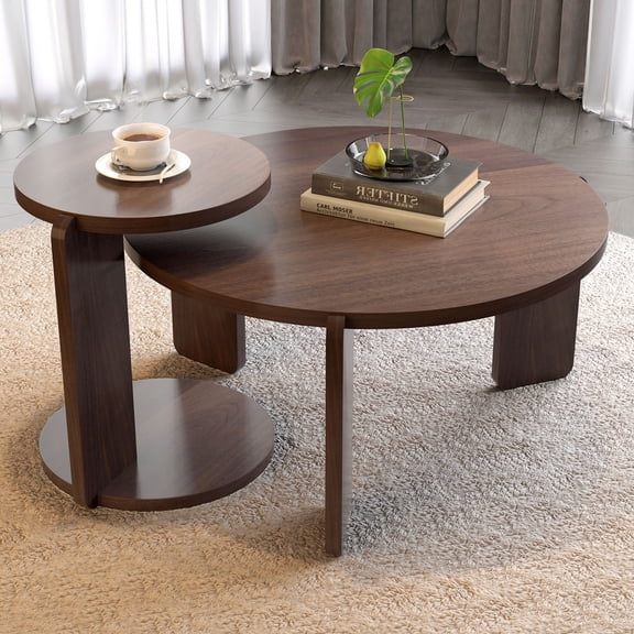 S-HOME Nesting Round Coffee Table Set of 2 with 83 cm Black Oak Veneer Finish Perfect for Living Rooms and Offices,Walnut