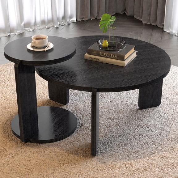 S-HOME Nesting Round Coffee Table Set of 2 with 83 cm Black Oak Veneer Finish Perfect for Living Rooms and Offices