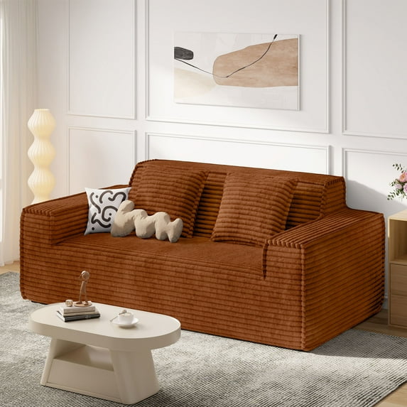 S-HOME No Assembly Required 75 Inch Loveseat Sofa in Stain-Resistant Corduroy,Deep Seats for Small Space Living, Brown