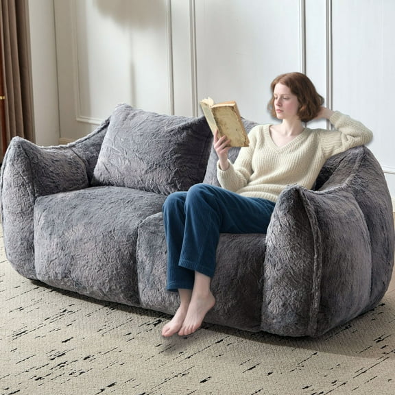 S-HOME No Assembly Required Oversized Bean Bag Sofa with Pillows 74 Inch Indoor Loveseat Reading Chair, Grey