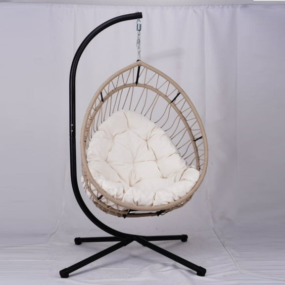 S-HOME Outdoor Egg-shaped Hanging Chair with Soft Cushions, Sturdy Metal Frame for Indoor and Outdoor