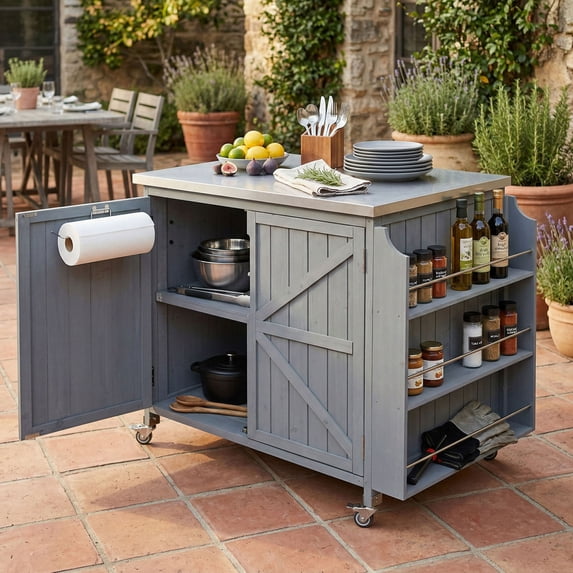 S-HOME Outdoor Kitchen Island With Side Shelf And Storage Cabinet Stainless Steel Top And 4 Wheels For Easy Mobility,Grey+Blue