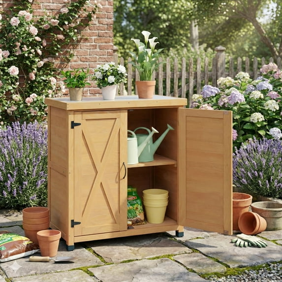 S-HOME Outdoor Potting Bench With Storage Cabinet And Metal Table Top For Patio Use, Functional Gardening Work Station Table,Light Brown