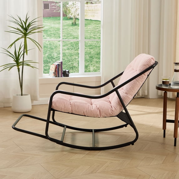 S-HOME Outdoor Rocking Chair With Soft Thick Cushion, Black Steel Frame, For Living Room & Patio Use, Pink