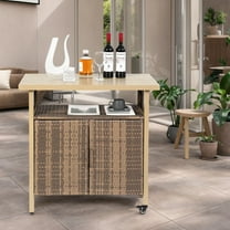 S-HOME Outdoor Wicker Bar Cart with Glass Top, Rolling Rattan Design,Grill Station for Patio Garden Party