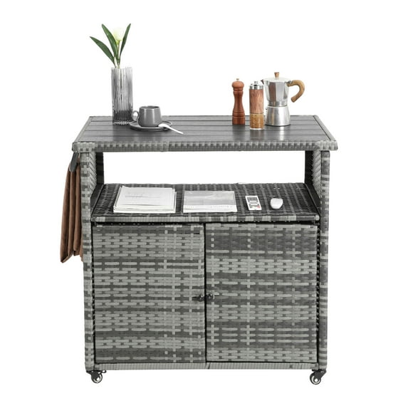 S-HOME Outdoor Wicker Bar Cart with Glass Top and Wheels for Patio, Garden, Poolside, or Indoor Entertaining