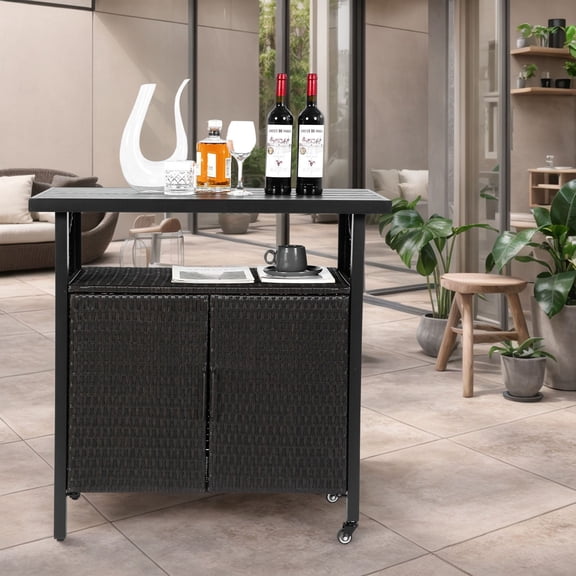 S-HOME Outdoor Wicker Bar Cart with Wheels in Brown, Rolling Rattan Beverage Serving Table for Patio Poolside Parties
