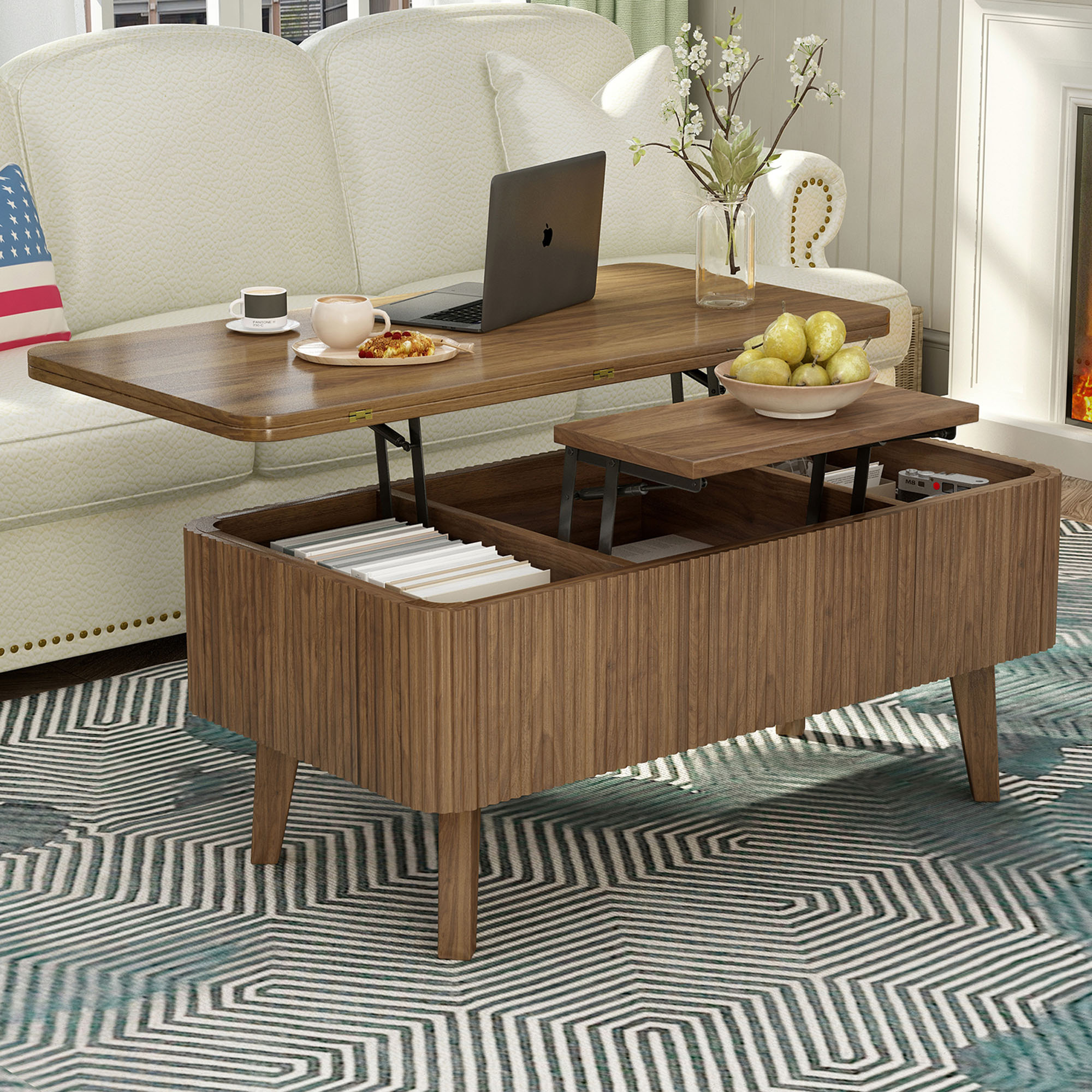 S-HOME Oval Walnut Lift Top Coffee Table with Storage, 3 in 1 ...