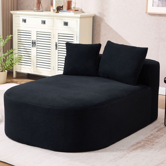 S-HOME Oversized Corduroy Chaise Lounge Chair with Two Pillows 67.5 Inches Long Indoor Sleeper Sofa for Living Room, Black