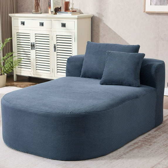 S-HOME Oversized Corduroy Chaise Lounge Chair with Two Pillows 67.5 Inches Long Indoor Sleeper Sofa for Living Room, Blue