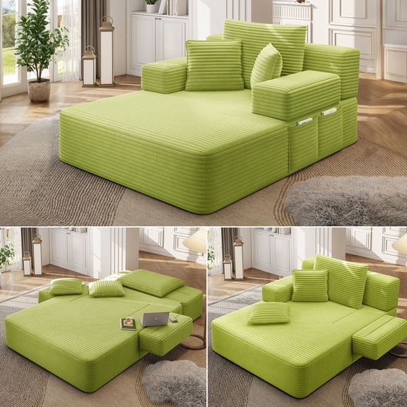 S-HOME Plush Corduroy Chaise Lounge Sofa Bed With High Rebound Foam Cushion, Extra-Wide Armrests 3 Pillows for Modern Living Rooms Apartments, Green