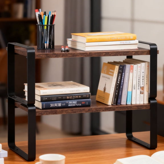 S-HOME Portable 2-Tier Adjustable Shelving Unit Featuring A Modern Black Metal Frame And Rustic Wood Design For Home Storage
