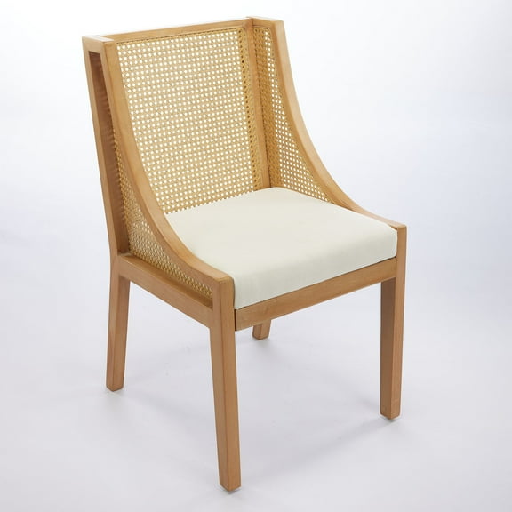 S-HOME Rattan Dining Chairs with Decorative Armrests, Beige Linen Upholstery, Perfect for Dining Spaces, Single Pack
