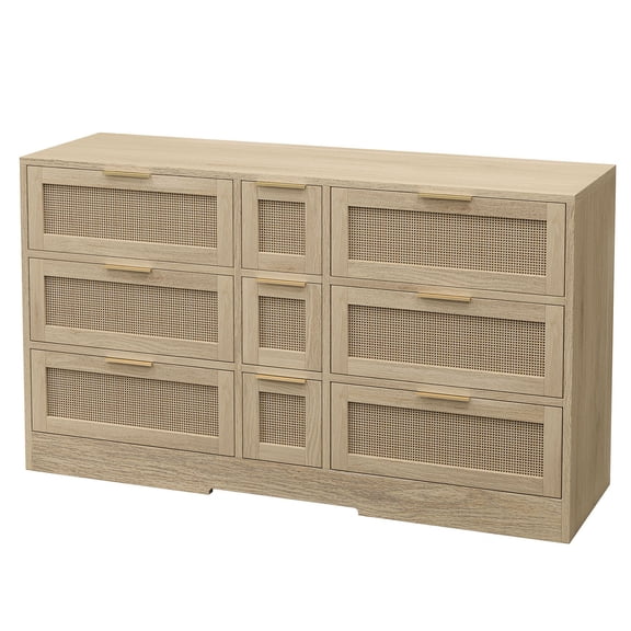 S-HOME Rattan Locker With 9 Drawers And Gold Handles For Organizing Kitchen Living Room And Bedroom, Natural