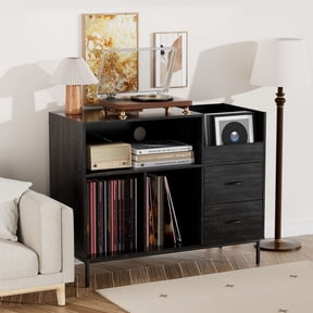 S-HOME Record Player Stand with Storage for 500 Albums Sturdy Wood and Metal Turntable Shelf Console,Black