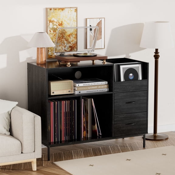 S-HOME Record Player Stand with Storage for 500 Albums Sturdy Wood and Metal Turntable Shelf Consoleļ¼Black