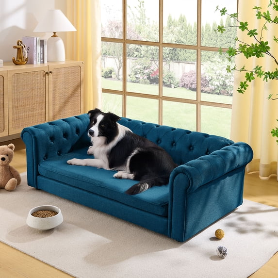 S-HOME Rectangular Dog Sofa Bed Dark Blue Linen Fabric Elevated Design Comfortable Large Pet Bed For Pets