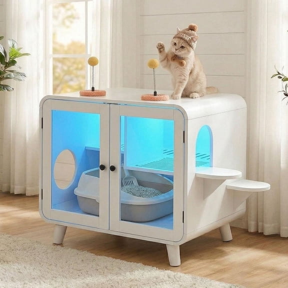 S-HOME Retro TV Style Cat Hidden Litter Box Enclosure with RGB LED Light, with Litter Leak Walkway and Glass Doors, Medium-Size Cat House & Pom-Pom Toys for Fun, White
