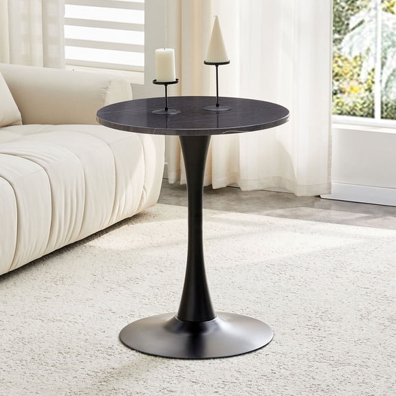 S-HOME Round Dining Table 23.6 Inch Circle Tulip Design With Thickened Top And Metal Pedestal For Living Room And Kitchen Useļ¼Black+Gery