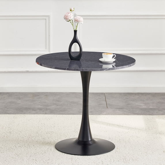 S-HOME Round Dining Table with Metal Pedestal and Thickened Tabletop 31.5 Inch Ideal for Kitchen and Living Room,Black+Gery